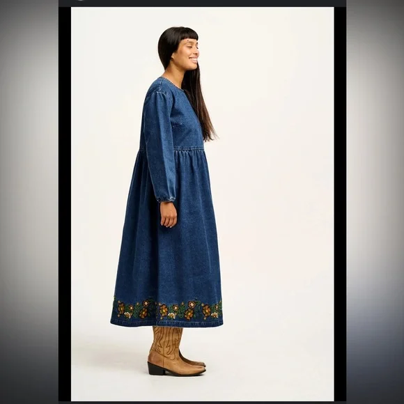 Lucy & Yak Maeve Midi Denim Dress with Myrtle Embroidery Long sleeves NWT Sz 16 - Picture 2 of 11